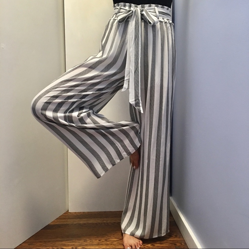 NEW 100% rayon grey summer striped beach vacation palazzo wide leg pants S